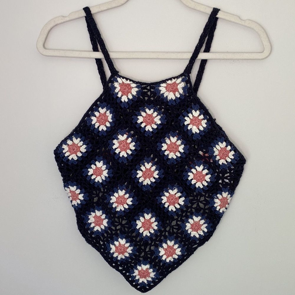 American Eagle Red, White and Blue Knit Crochet Crop Top Size X-Small